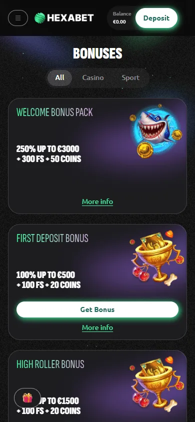 Hexabet Casino mobile promotions area with rewards and missions