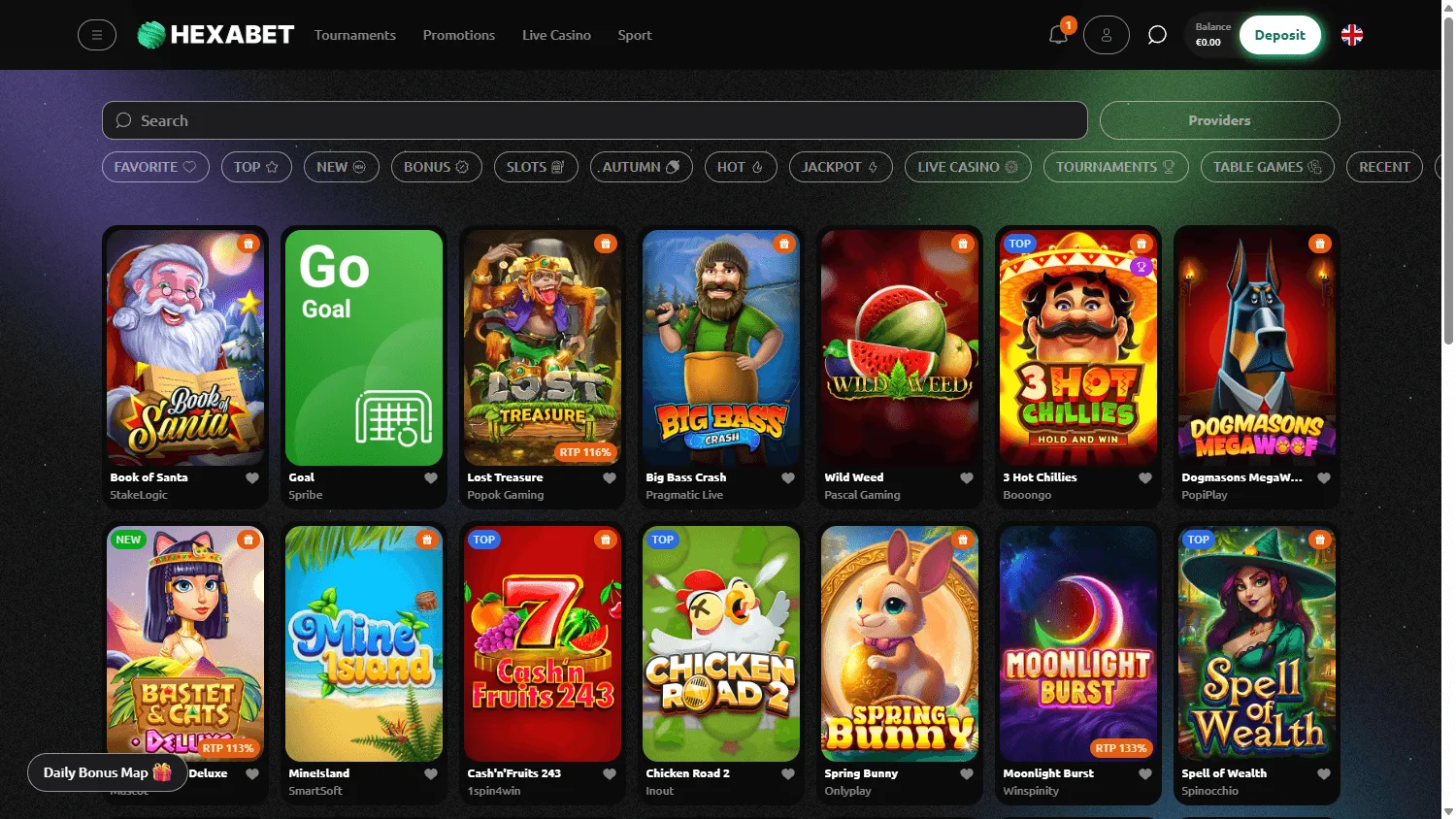 Hexabet Casino desktop games area with slots and casino categories