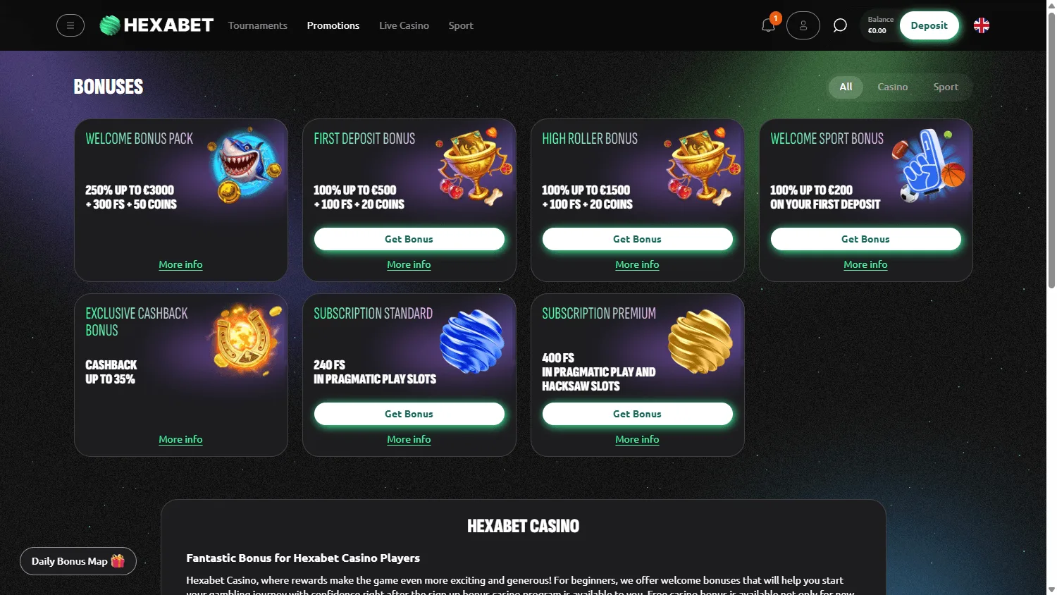 Hexabet Casino desktop promotions area with loyalty and promotional activities