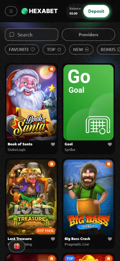 Hexabet Casino mobile games area with casino titles