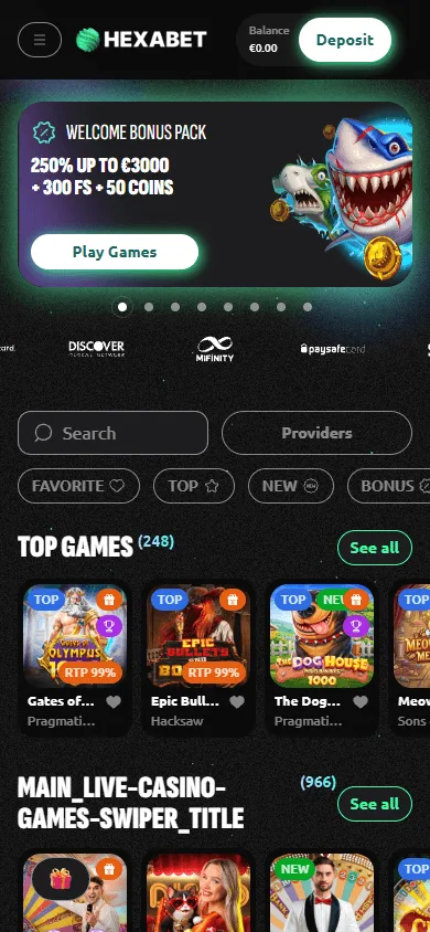 Hexabet Casino mobile home screen with casino access